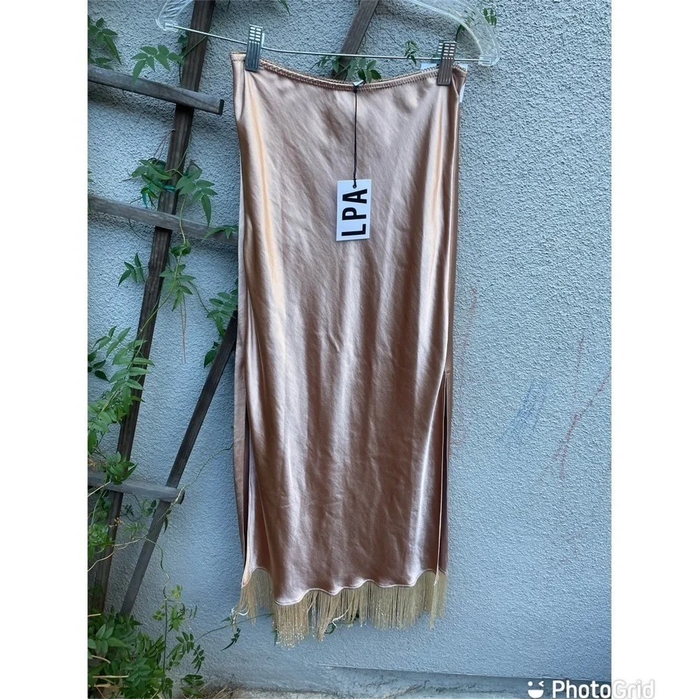LPA Fringe Skirt Cream Satin Fringe Party Revolve S NWT - Picture 3 of 8